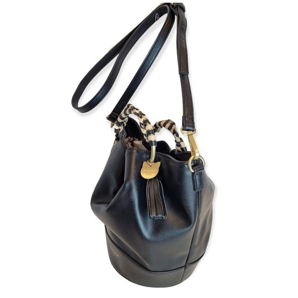 Lollipops Paris Black Bucket Crossbody Bag Cat/Tassel Charm Leopard Lining  9"H - Picture 3 of 12